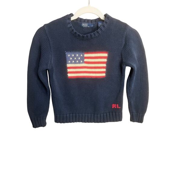Vintage Unisex Kids Polo Ralph Lauren Navy American Flag Sweater Sz Small 6 - Picture 1 of 16